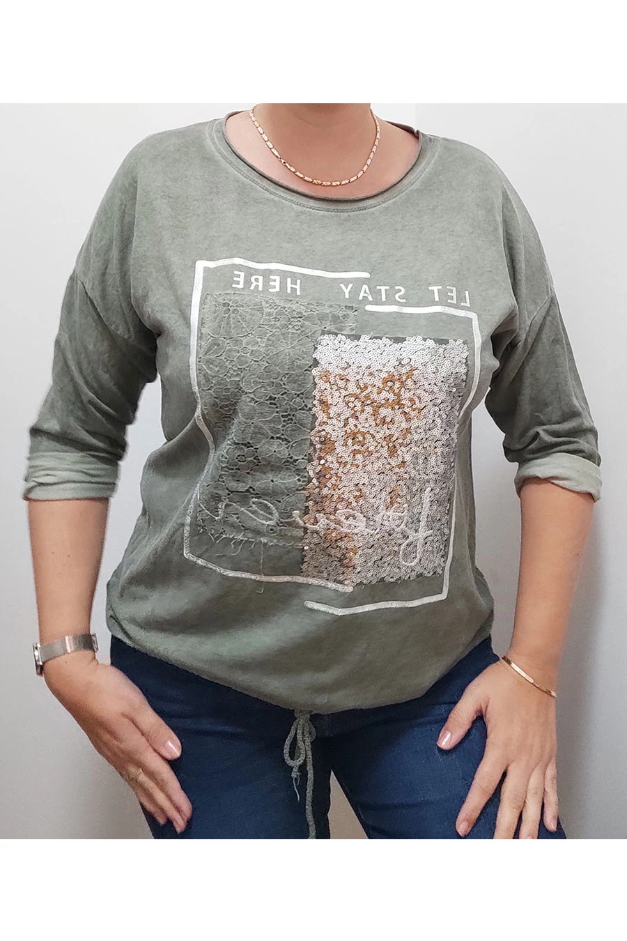 New Collection női flitteres felső alul kötős kekizöld